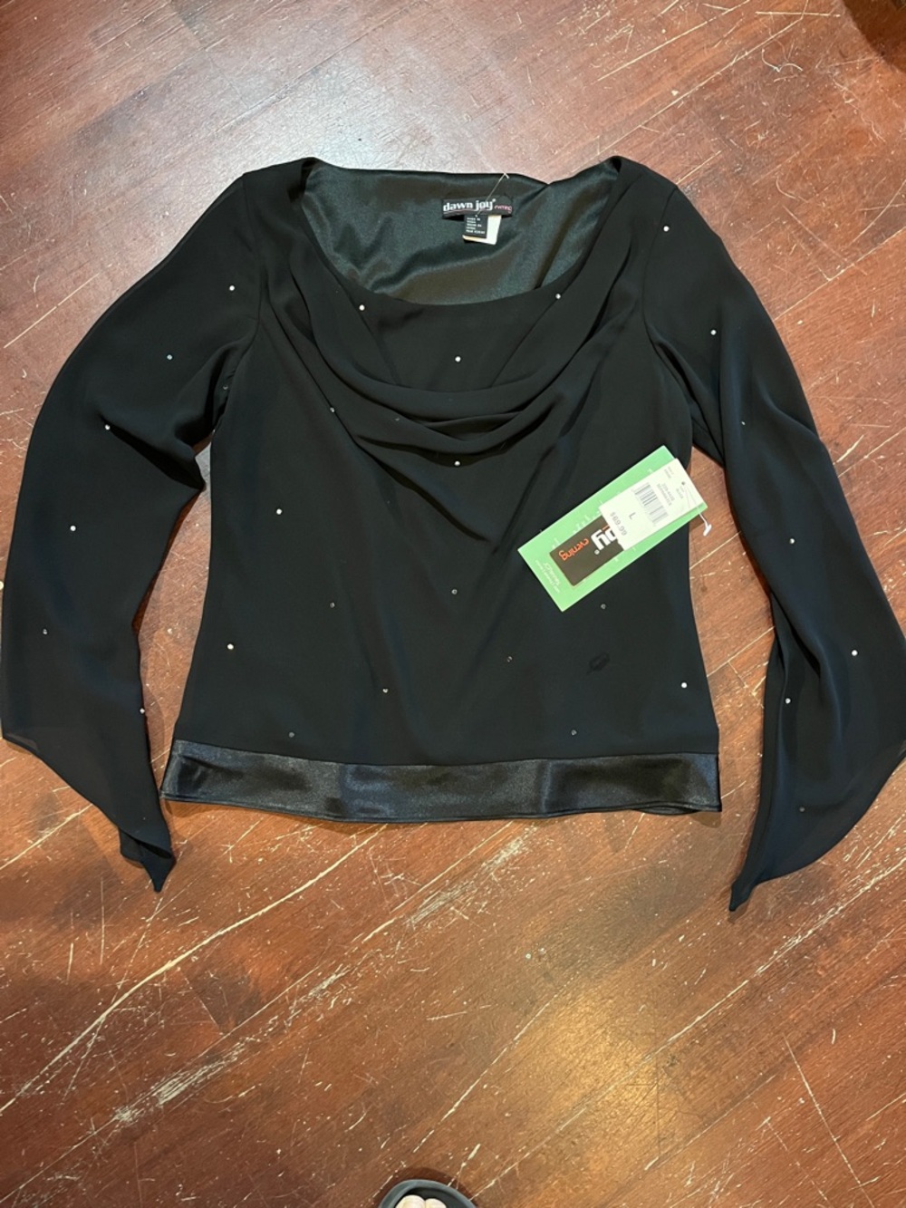 Dawn Joy Black Long-Sleeve Cowl Neck Blouse with Rhinestone Detail